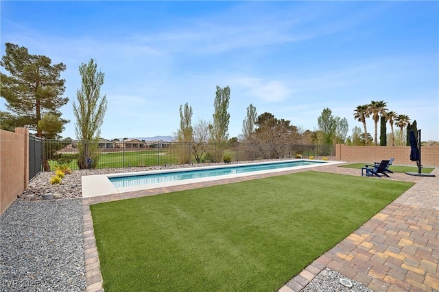 5455 Eleganza Ave, Pahrump, NV 89061 - view of pool with a patio area, a fenced backyard, a fenced in pool, and a lawn