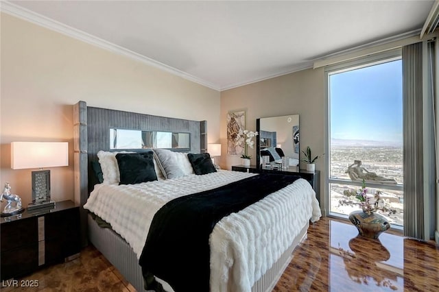 bedroom featuring dark wood-style flooring and ornamental molding