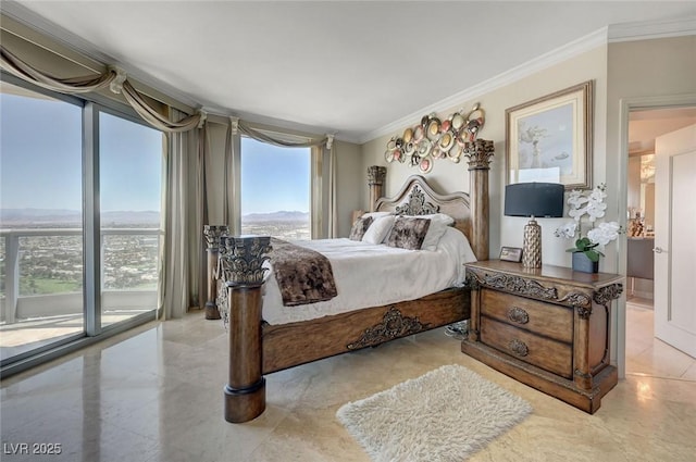 tiled bedroom with crown molding, a wall of windows, and access to exterior