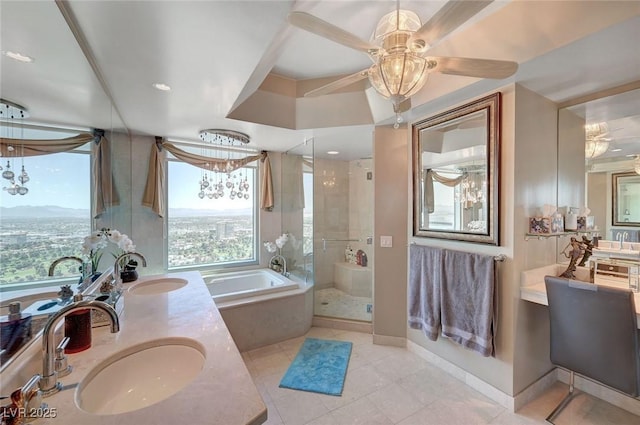 full bathroom with a sink, double vanity, a shower stall, and a bath
