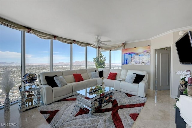 living room featuring baseboards, expansive windows, ornamental molding, and ceiling fan