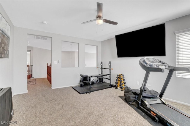 9413 Artesian Oak Ct, Las Vegas, NV 89149 - workout area with ceiling fan, baseboards, carpet flooring, and visible vents