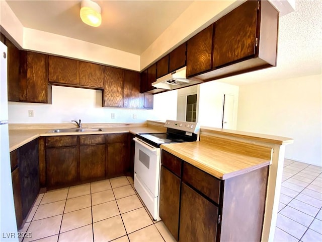 kitchen featuring white electric range oven, a peninsula, under cabinet range hood, light countertops, and a sink