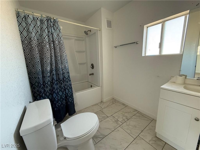 full bathroom with visible vents, baseboards, toilet, shower / bath combo with shower curtain, and marble finish floor