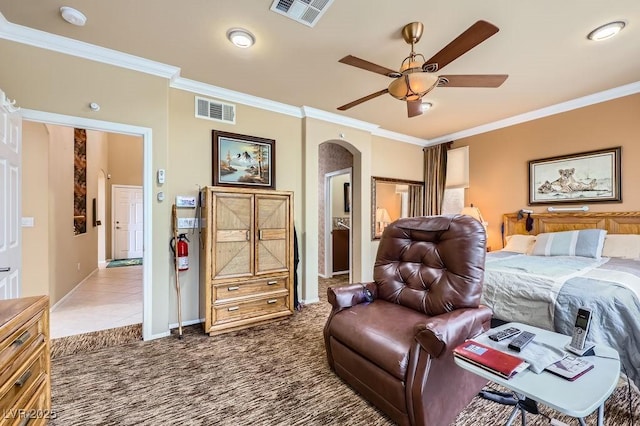 215 Sunset Shower Dr, Henderson, NV 89012 - carpeted bedroom with ornamental molding, arched walkways, visible vents, and baseboards