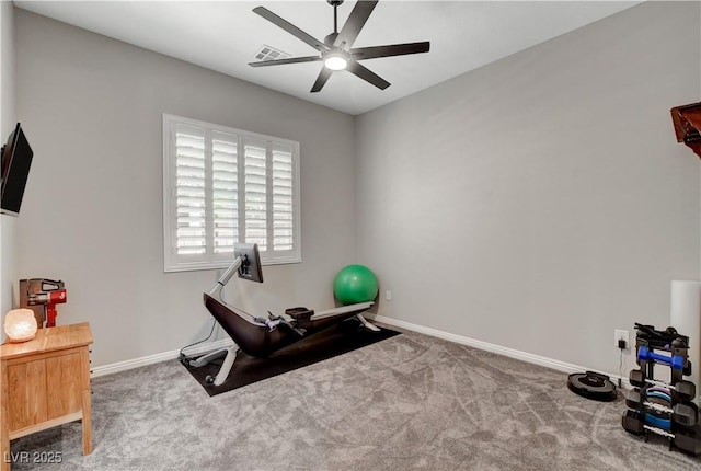 workout room with visible vents, ceiling fan, baseboards, and carpet floors