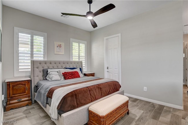bedroom featuring light wood-type flooring, baseboards, a ceiling fan, and visible vents