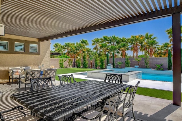 view of patio featuring a jacuzzi, a fenced backyard, outdoor dining space, and a fenced in pool