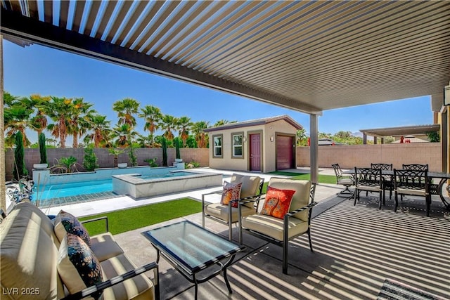 view of patio with outdoor dining space, a fenced in pool, an outdoor structure, a pergola, and a fenced backyard