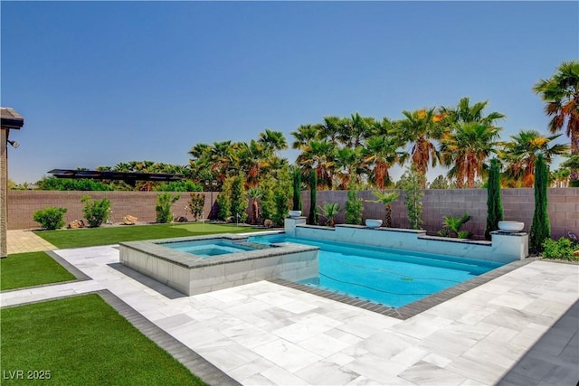view of pool with a yard, a fenced backyard, a patio area, an in ground hot tub, and a fenced in pool