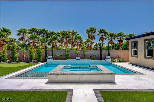 view of swimming pool featuring a fenced backyard, a fenced in pool, and a patio
