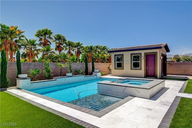 view of swimming pool featuring an outbuilding, a fenced backyard, a fenced in pool, and an in ground hot tub