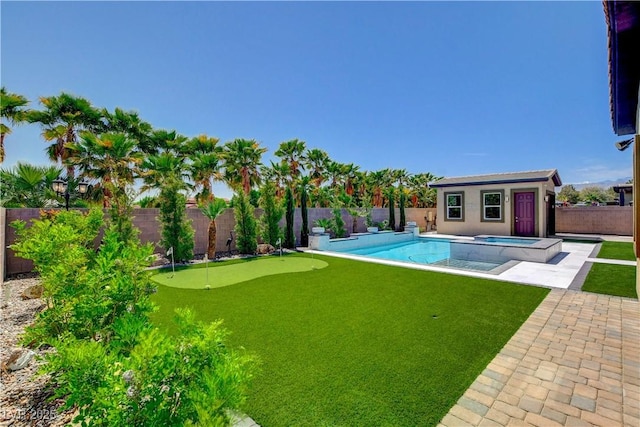 view of pool with a fenced backyard, an outbuilding, an in ground hot tub, a fenced in pool, and a storage structure