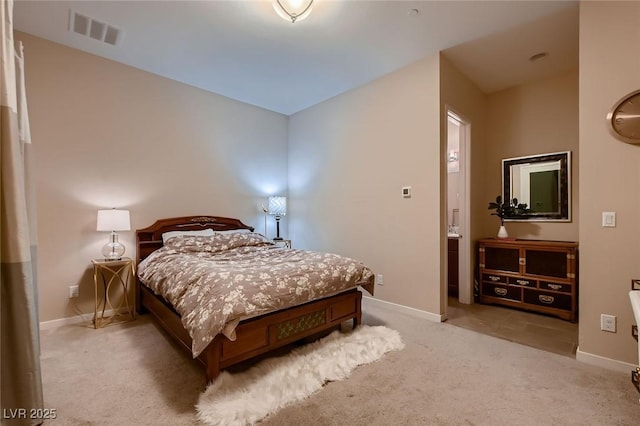 bedroom with light carpet, baseboards, and visible vents