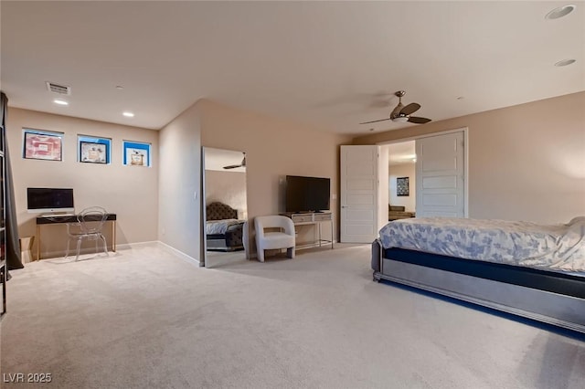 bedroom with a ceiling fan, visible vents, recessed lighting, and carpet flooring