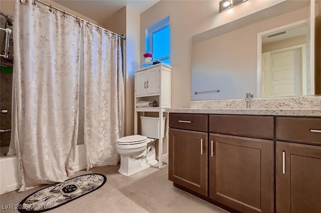 bathroom with shower / bath combo, vanity, toilet, tile patterned flooring, and visible vents