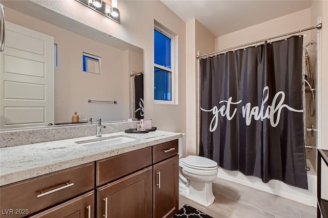 bathroom with shower / bath combo, toilet, vanity, and tile patterned floors