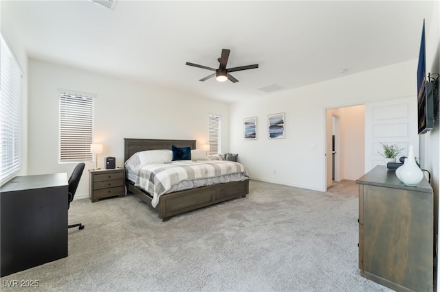 bedroom with visible vents, a ceiling fan, carpet, and baseboards