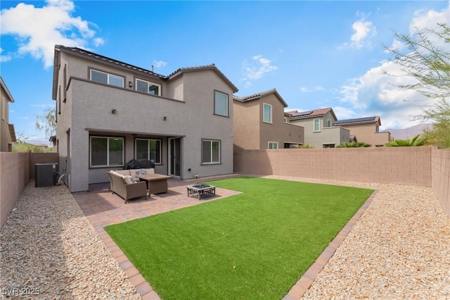 7132 Sayonara Vista St, North Las Vegas, NV 89084 - rear view of property with an outdoor living space with a fire pit, stucco siding, a patio area, and a tile roof