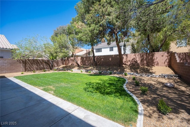 view of yard with a fenced backyard and a patio area