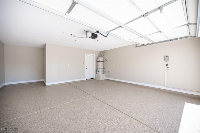garage with baseboards, secured water heater, and a garage door opener