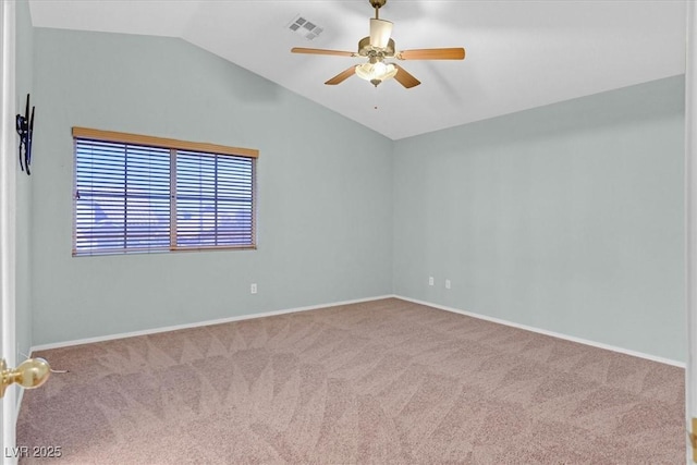 681 Peach Coral St, Las Vegas, NV 89183 - carpeted spare room with a ceiling fan, baseboards, visible vents, and vaulted ceiling