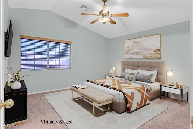681 Peach Coral St, Las Vegas, NV 89183 - carpeted bedroom featuring baseboards, ceiling fan, lofted ceiling, and visible vents