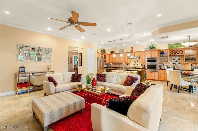 9 Contra Costa Pl, Henderson, NV 89052 - living area featuring ceiling fan, crown molding, visible vents, and recessed lighting