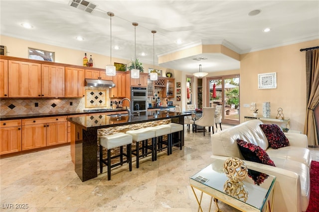 9 Contra Costa Pl, Henderson, NV 89052 - kitchen with dark countertops, appliances with stainless steel finishes, a kitchen bar, under cabinet range hood, and visible vents