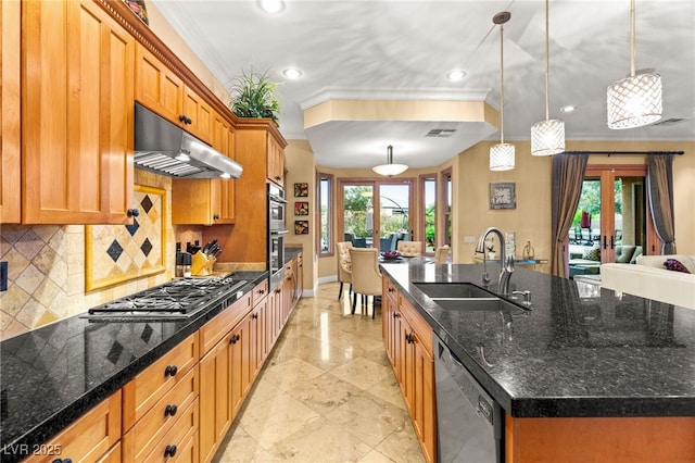 9 Contra Costa Pl, Henderson, NV 89052 - kitchen featuring under cabinet range hood, stainless steel appliances, french doors, a sink, and a kitchen island with sink