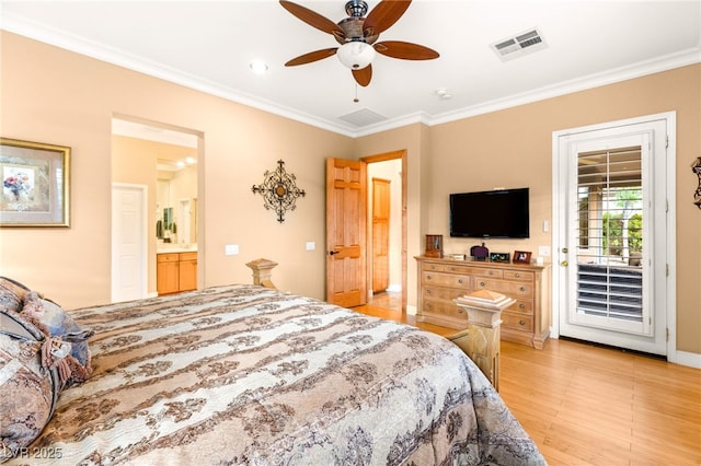 9 Contra Costa Pl, Henderson, NV 89052 - bedroom with visible vents, ornamental molding, light wood-type flooring, access to outside, and ensuite bathroom