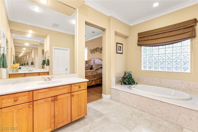 9 Contra Costa Pl, Henderson, NV 89052 - ensuite bathroom with a garden tub, vanity, ensuite bath, ornamental molding, and visible vents