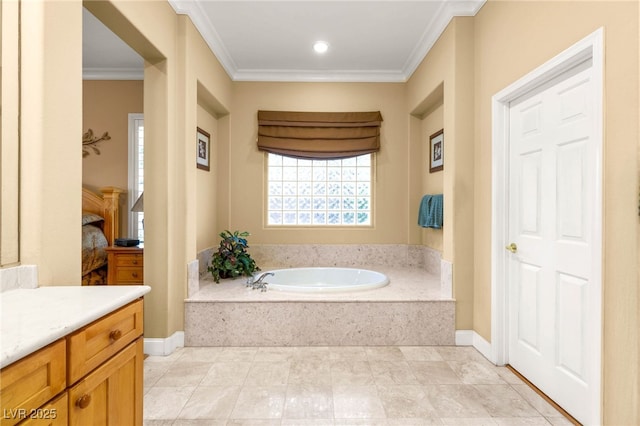 9 Contra Costa Pl, Henderson, NV 89052 - bathroom with a garden tub, tile patterned flooring, vanity, and ornamental molding