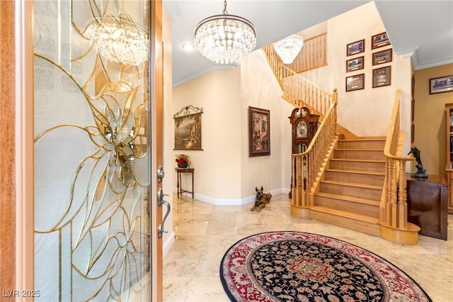 9 Contra Costa Pl, Henderson, NV 89052 - entrance foyer with crown molding, stairs, marble finish floor, baseboards, and a notable chandelier