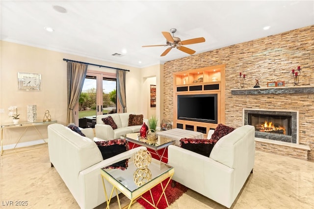 9 Contra Costa Pl, Henderson, NV 89052 - living area with ceiling fan, a fireplace, visible vents, and recessed lighting