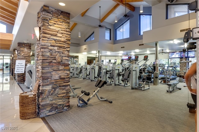 9 Contra Costa Pl, Henderson, NV 89052 - exercise room with high vaulted ceiling, a healthy amount of sunlight, visible vents, and decorative columns