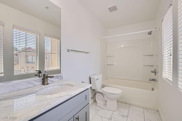 bathroom with vanity, shower / tub combination, toilet, visible vents, and marble finish floor