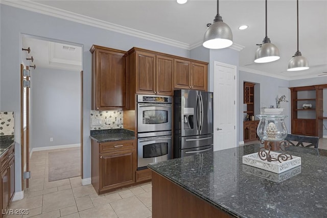 8209 Chapelle Ct, Las Vegas, NV 89131 - kitchen featuring stainless steel appliances, decorative backsplash, hanging light fixtures, dark stone counters, and light tile patterned flooring