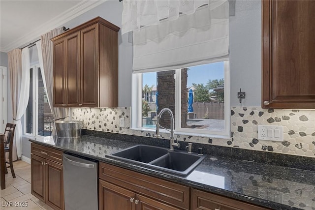 8209 Chapelle Ct, Las Vegas, NV 89131 - kitchen featuring dishwasher, a sink, backsplash, ornamental molding, and dark stone countertops