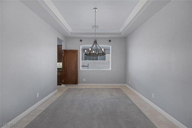 8209 Chapelle Ct, Las Vegas, NV 89131 - unfurnished dining area with a chandelier, a raised ceiling, ornamental molding, baseboards, and light tile patterned floors