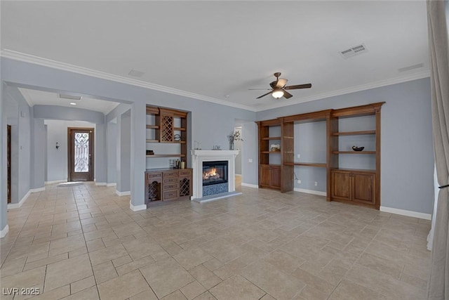8209 Chapelle Ct, Las Vegas, NV 89131 - unfurnished living room with a glass covered fireplace, ceiling fan, baseboards, and ornamental molding