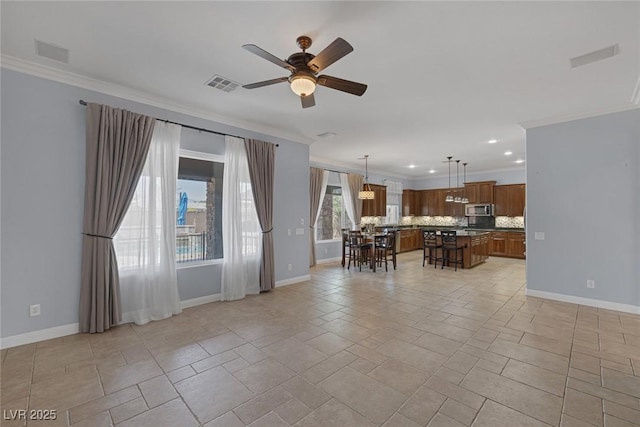 8209 Chapelle Ct, Las Vegas, NV 89131 - living area with ornamental molding, ceiling fan, baseboards, and recessed lighting