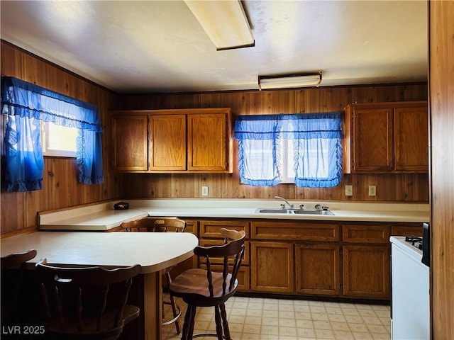 kitchen featuring wood walls, white gas range oven, a sink, and light floors