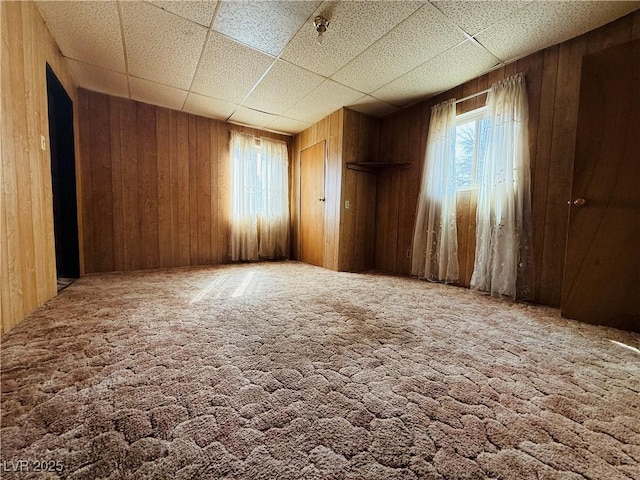 empty room with wooden walls, a drop ceiling, and plenty of natural light