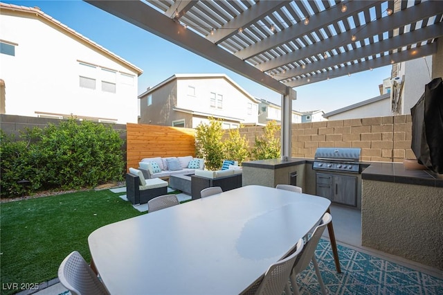 view of patio / terrace with a grill, a pergola, a fenced backyard, an outdoor living space, and outdoor dining area