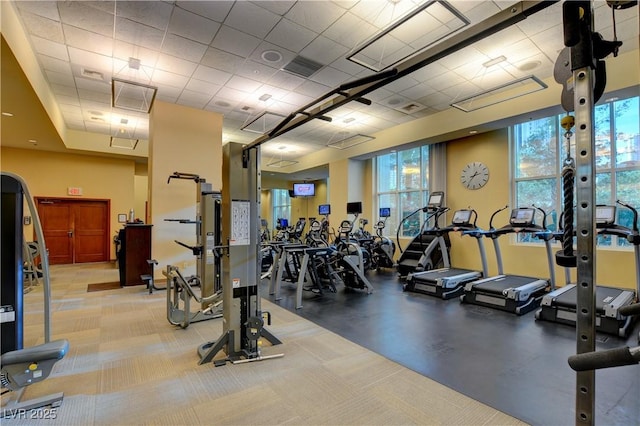 gym featuring french doors, visible vents, and a wealth of natural light