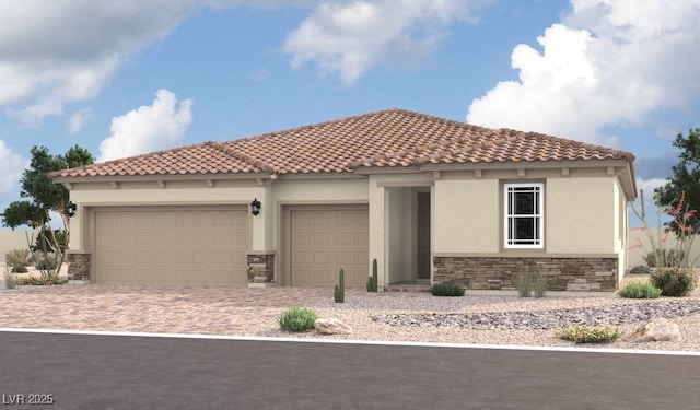 5696 E Badlands Ln, Pahrump, NV 89061 - mediterranean / spanish-style house with a tiled roof, stone siding, a garage, stucco siding, and driveway