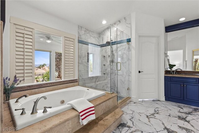 bathroom with recessed lighting, a whirlpool tub, marble finish floor, vanity, and a marble finish shower