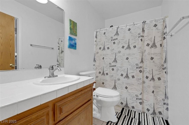 1800 Red Rock Dr, Pahrump, NV 89048 - bathroom with toilet, curtained shower, tile patterned flooring, and vanity