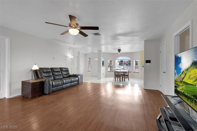1800 Red Rock Dr, Pahrump, NV 89048 - living room with visible vents, ceiling fan, wood finished floors, and a textured ceiling